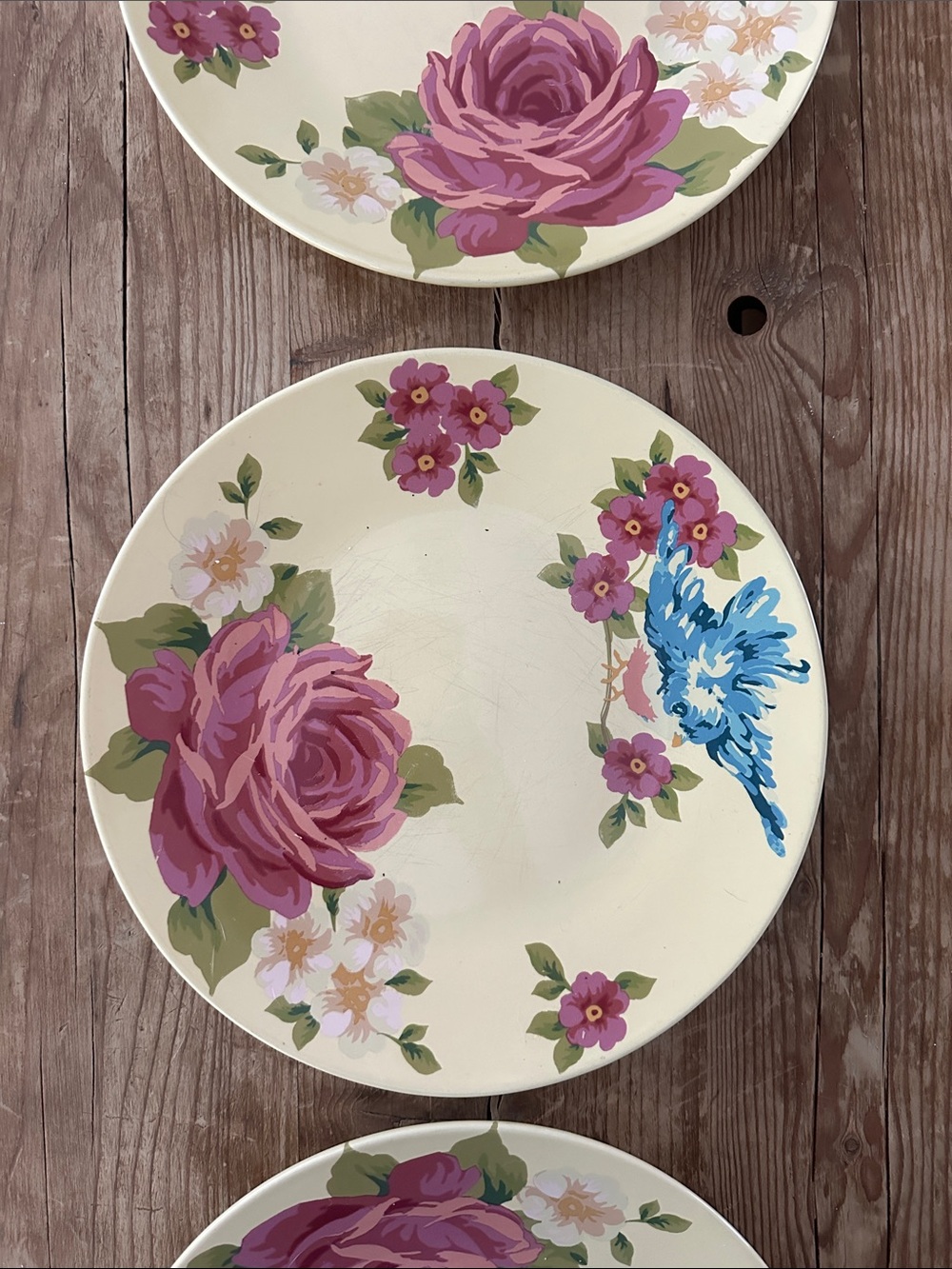 4 Floral Rose & Blue Bird Decorative Plate - yellow Background